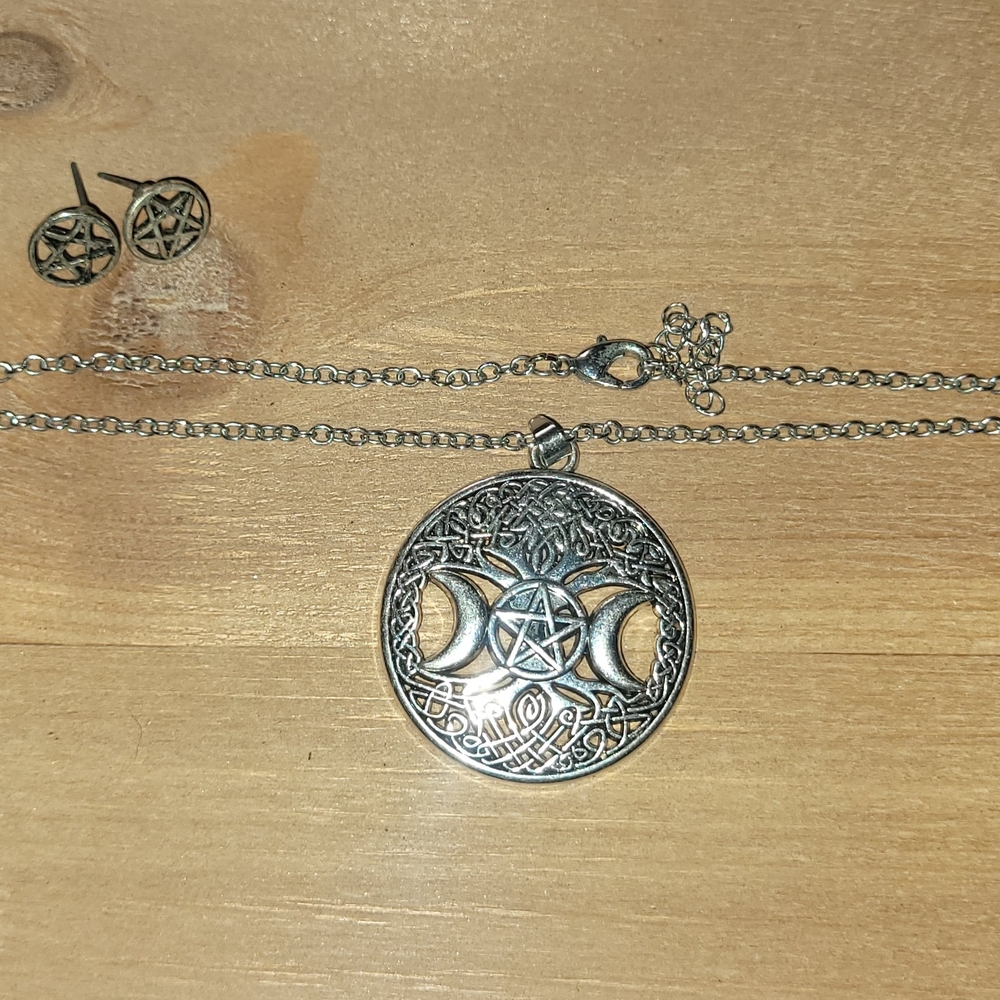 Silver Celtic Moon Pendant Necklace And Earrings